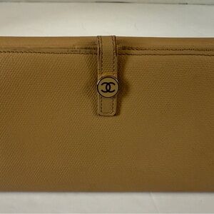 CHANEL Long Wallet‎ Double Sided Snap Button Beige Leather Authentic